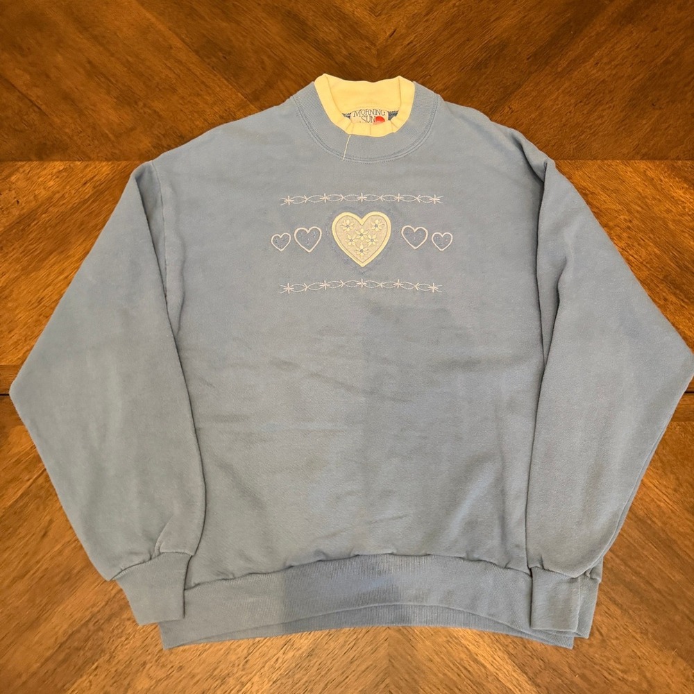 Vintage Morning Sun Jerzees Heart Floral Sweatshirt Blue Double Collar Large USA